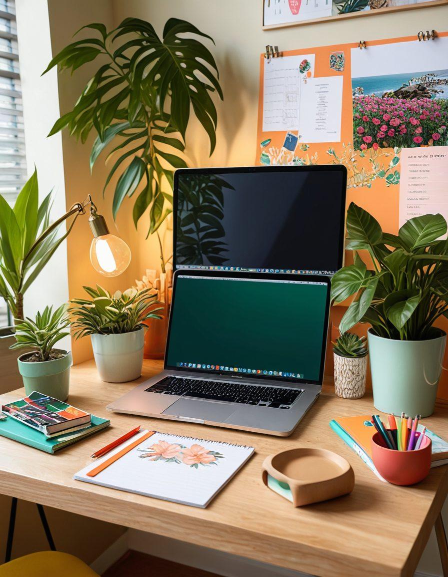 A beautifully organized and vibrant desktop workspace featuring lush green plants, colorful stationery, artistic wall art, and a stylish coffee cup. The scene should exude creativity and inspiration, with warm lighting and an inviting atmosphere. A multi-functional desk with a laptop and unique decorations complements the aesthetic. super-realistic. vibrant colors. cozy ambiance.