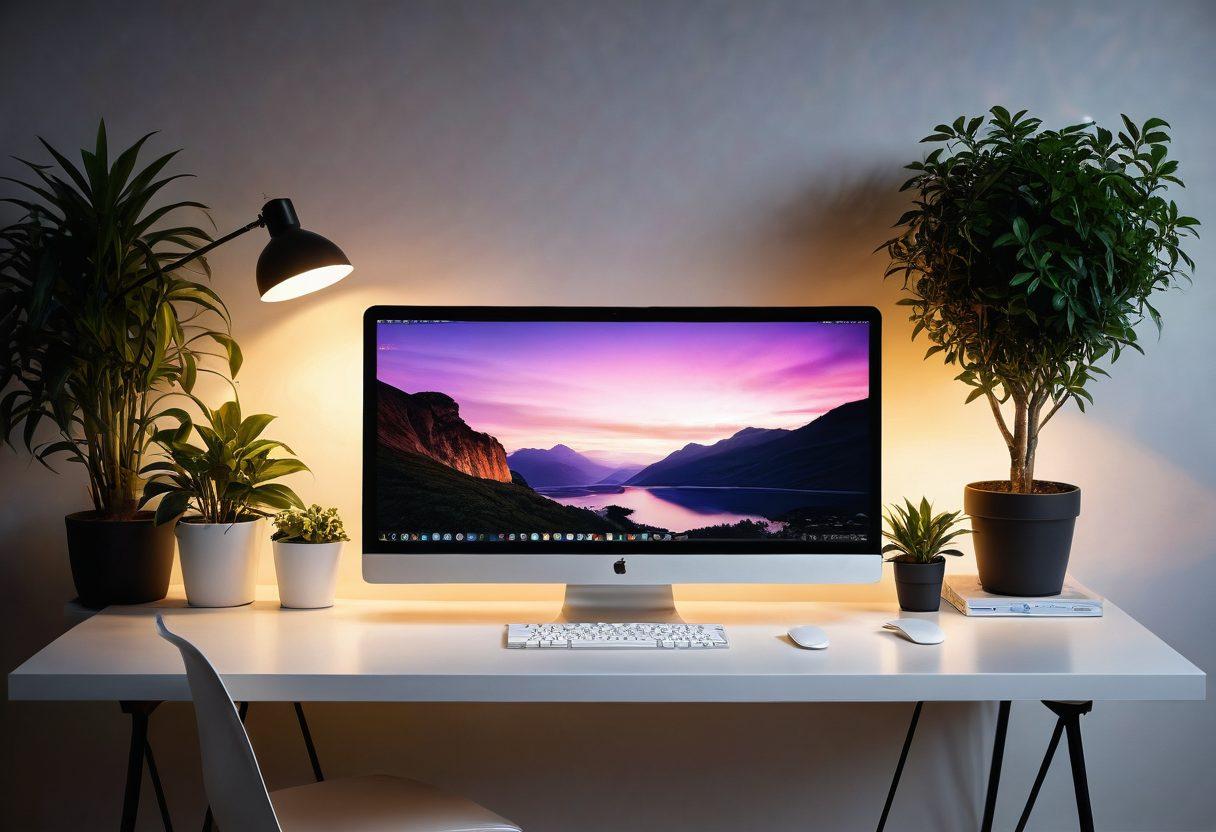 A stunning desktop setup featuring a high-resolution wallpaper of a serene landscape, complemented by elegant layout designs showcasing vibrant icons. Include a sleek laptop, a minimalist desk with potted plants, and warm ambient lighting to evoke a cozy atmosphere. Display multiple wallpapers on screens to highlight versatility and beauty. super-realistic. vibrant colors. soft lighting.