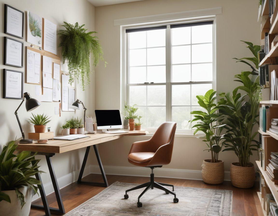 An inspiring workspace featuring a sleek desk with organized stationery, a comfortable ergonomic chair, and lush indoor plants. Soft natural light streaming through a large window, highlighting a stylish bulletin board filled with motivational quotes. A mix of functional storage and aesthetic decor, creating a harmonious blend of productivity and beauty. Calm color palette with pops of greenery. super-realistic. vibrant colors. cozy atmosphere.